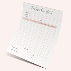 May include: A white employee time sheet with a light pink grid and headings. The title "Employee Time Sheet" is written in a cursive font. The sheet includes fields for employee name, department, and time tracking.