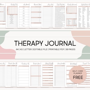 Może przedstawiać: Dziennik terapii z różnymi stronami do codziennego planowania, autorefleksji i śledzenia zachowań. Dziennik zawiera sekcje dotyczące celów osobistych i listę słów równowagi. Tekst "THERAPY JOURNAL" jest obecny.