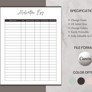 Printable Medication Log, Supplement Tracking Sheet, Medicine Schedule, Vitamin Tracker, Printable at home, US Letter Size, Canva Templates