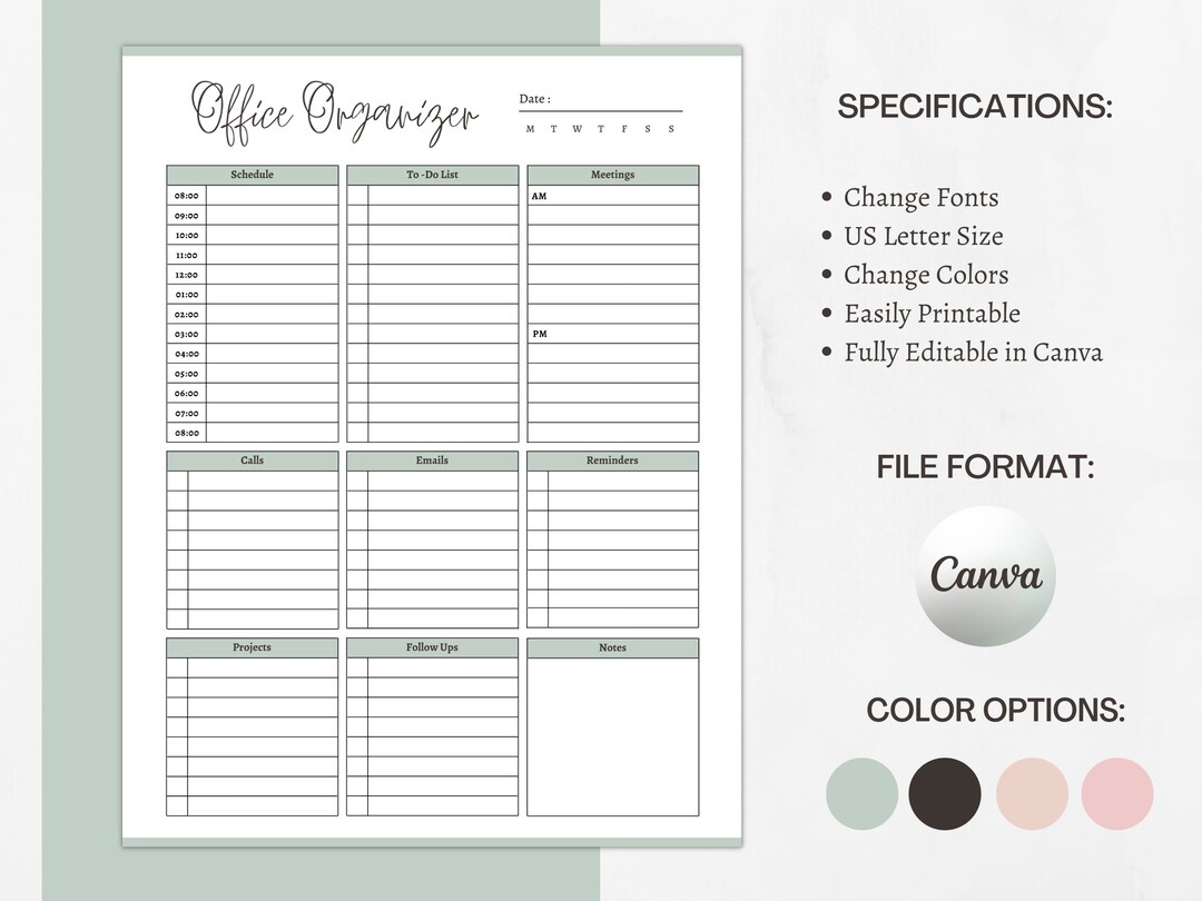 Office Organizer Printable Template, Editable Work Schedule Planner