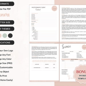 May include: A pink and white printable photography contract and invoice template with a logo placeholder. The contract includes sections for client information, photography details, and payment terms. The invoice includes sections for product and service details, payment methods, and a bonus invoice template.