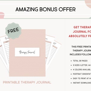May include: A pink printable therapy journal with a free offer. The journal has a dotted pattern and says "Therapy Journal". The offer includes 39 pages, 3 sizes, 4 colors, portrait orientation, easy printing, and an instant download.