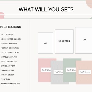 May include: A digital planner template with 21 pages, available in three sizes: US Letter, A4, and A5. The planner is fully customizable and can be printed at home. The image shows four different color options for the planner: pink, gray, green, and a lighter pink.