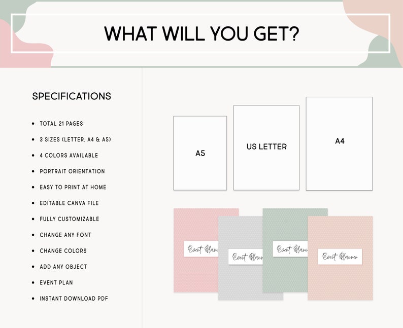 May include: A digital planner template with 21 pages, available in three sizes: US Letter, A4, and A5. The planner is fully customizable and can be printed at home. The image shows four different color options for the planner: pink, gray, green, and a lighter pink.
