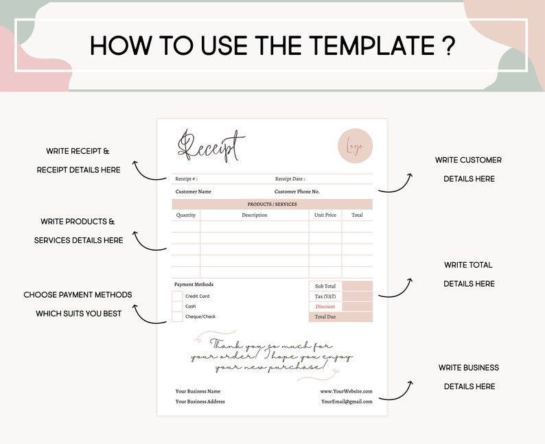 Printable Receipt Template, Canva Printable Billing Template, Editable in Canva, 4 Premade Minimal Colors, Order Form, Business Receipt