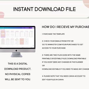 May include: A computer screen displaying a digital planner template with a calendar layout. The text on the screen reads "Instant Download File". The text below the image reads "This is a digital download product, no physical copies will be sent to you."