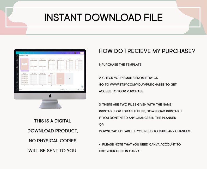 May include: A computer screen displaying a digital planner template with a calendar layout. The text on the screen reads "Instant Download File". The text below the image reads "This is a digital download product, no physical copies will be sent to you."