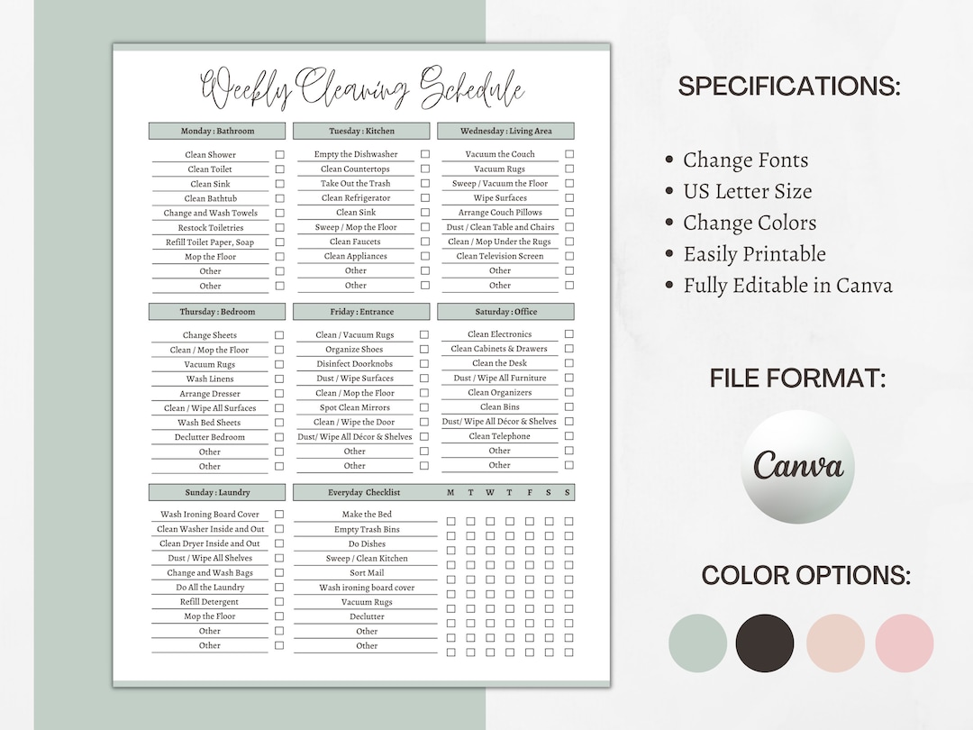 House Cleaning Schedule Weekly Printable