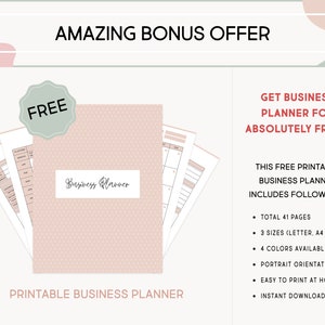 May include: A free printable business planner with a pink and white polka dot cover. The planner includes 41 pages, 3 sizes (letter, A4 & A5), 4 colors, portrait orientation, and is easy to print at home.  The planner is available for instant download as a PDF.