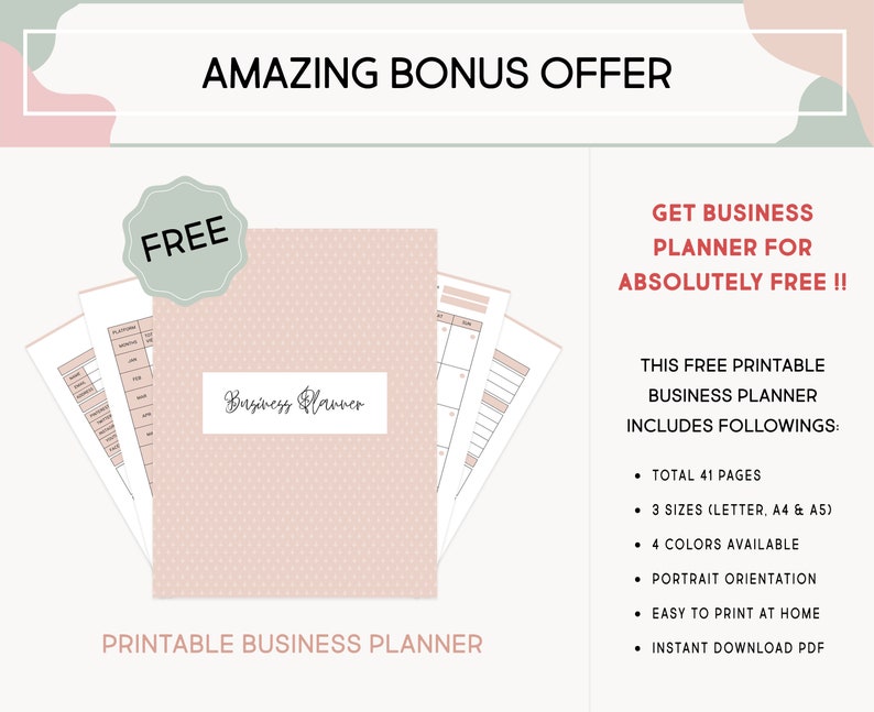 May include: A free printable business planner with a pink and white polka dot cover. The planner includes 41 pages, 3 sizes (letter, A4 & A5), 4 colors, portrait orientation, and is easy to print at home.  The planner is available for instant download as a PDF.