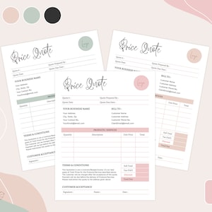 May include: A printable price quote template with a pink and green color scheme. The template includes sections for the customer's name, address, and contact information, as well as a table for listing products or services, unit prices, and totals. The template also includes a section for terms and conditions and a customer acceptance signature.