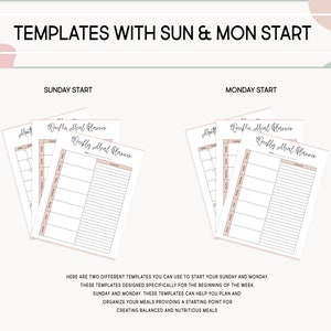 May include: Two printable meal planner templates with a pink and white color scheme. The templates are designed to start on either Sunday or Monday. The text "Weekly Meal Planner" is written in cursive on the templates.