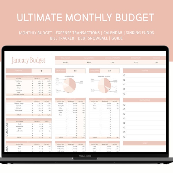 Monthly Budget Spreadsheet, Google Sheets Budget Template, Income, Expenses, Bills, Savings, Debts, Personal Finance, Financial Planner