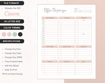 Office Organizer Template, Printable Office Planner Spreadsheet, Office Multi Task Manager, Office Work List, Office Work Schedule Checklist