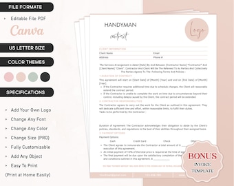 May include: A printable handyman contract template with a pink, green, and black color scheme. The contract includes sections for client information, duration of contract, contractor responsibilities, and payment options. The template also includes a bonus invoice template.