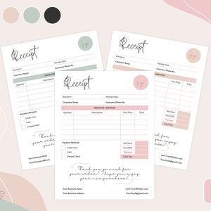 Printable Receipt Template, Canva Printable Billing Template, Editable in Canva, 4 Premade Minimal Colors, Order Form, Business Receipt