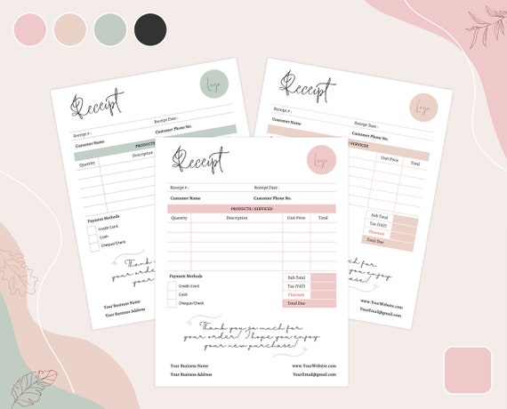 Printable Receipt Template, Canva Printable Billing Template, Editable in Canva, 4 Premade Minimal Colors, Order Form, Business Receipt