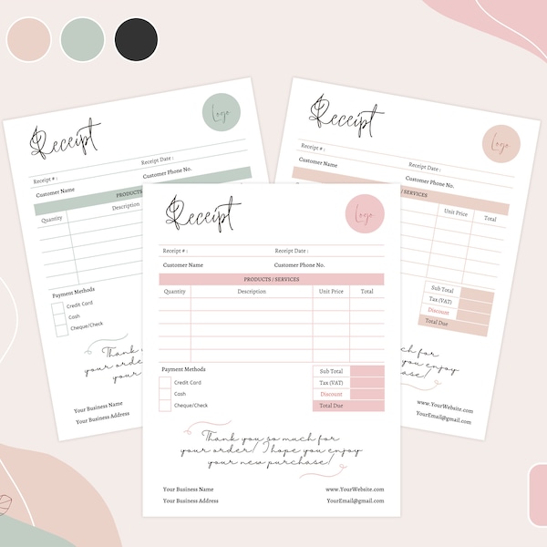 Printable Receipt Template, Canva Printable Billing Template, Editable in Canva, 4 Premade Minimal Colors, Order Form, Business Receipt