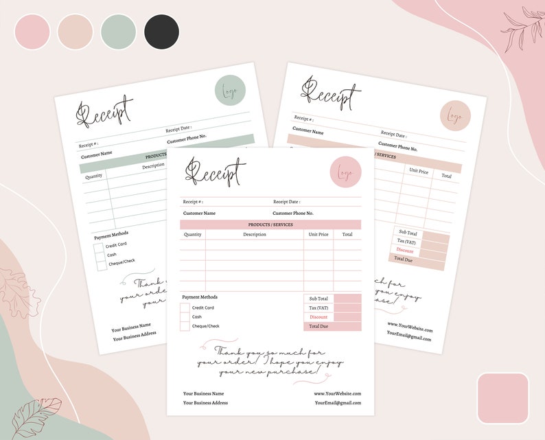 Printable Receipt Template, Canva Printable Billing Template, Editable in Canva, 4 Premade Minimal Colors, Order Form, Business Receipt