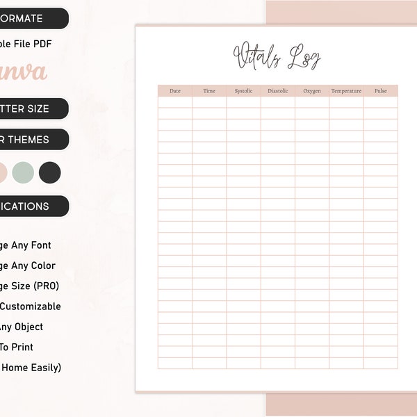 Printable Vital Sign Sheet, Vitals Tracker, Health Planner, Editable Nursing Vitals Sheet, Pulse Chart, Blood pressure and Oxygen Saturation