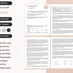 Op de afbeelding: Een roze en witte sjabloon voor een schoonmaakovereenkomst met de tekst "Cleaning Service Agreement" bovenaan. Het document bevat secties voor klantgegevens, betalingsgegevens en servicebeschrijvingen. De sjabloon is aanpasbaar en kan thuis worden afgedrukt.