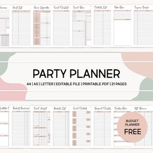 Könnte beinhalten: Ein druckbarer Partyplaner mit 21 Seiten in einem rosa-grünen Farbschema. Der Planer enthält Abschnitte für Veranstaltungsdetails, Gästeliste, Budget, Kontakte, Checkliste und mehr. Der Text "PARTY PLANNER" steht in großer, fetter Schrift oben auf der Seite. Der Text "A4 | A5 | LETTER | EDITABLE FILE | PRINTABLE PDF | 21 PAGES" befindet sich unter dem Titel. Der Text "BUDGET PLANNER FREE" befindet sich in einem Kreis am unteren Rand der Seite.