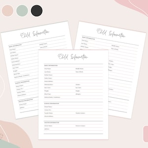 Fiche d'information imprimable pour l'enfant Fiche d'information importante modifiable, informations sur la baby-sitter Informations de contact Fiche d'information pour les parents Informations sur la garderie