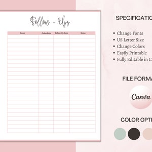 Printable Follow Up Tracking, Customer Tracker, Small Business Client Form, US Letter Size, Editable Follow Ups Reminder, Instant Download