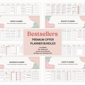 May include: A digital planner bundle featuring four different planners: work, budget, business, and event. The planners are designed in a pink and green colour scheme and offer a range of templates for organising your life. The text "Bestsellers" and "Premium Offer Planner Bundles" is displayed in a bold font.