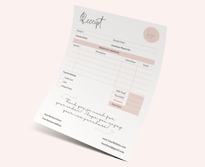 Printable Receipt Template, Canva Printable Billing Template, Editable in Canva, 4 Premade Minimal Colors, Order Form, Business Receipt