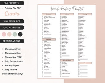 Printable Travel Packing Checklist Editable Packing List Template, Ultimate Travel Checklist, Travel Vacation Planner, Vacation Packing List