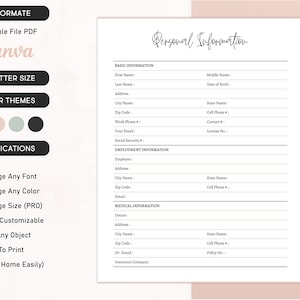Personal Information Page, Printable Basic Information Template, Employment details, Editable Personal Data Sheet, Medical information data