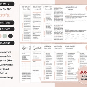 Op de afbeelding: Een set printbare schoonmaakservice-checklists en formulieren in een roze en witte kleurstelling. De checklists omvatten constructie, schoonmaak, conciërge, residentieel, in- en uitchecken en dieptereiniging van woningen. De formulieren omvatten een prijs- en factuurtemplate en een schoonmaakserviceovereenkomst. De tekst op de formulieren is in een eenvoudig, modern lettertype.