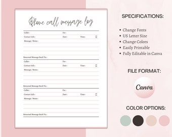 Phone Call Message Log, Fillable Telephone Template, Communication Log, Editable Conversation Record, Instant Download, Business Management