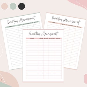 May include: Three printable inventory management sheets with headings for item name, target quantity, quantity in stock, sold this month, and need to buy. The sheets are on a pink and green background.