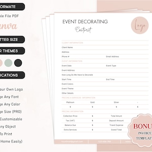 Contrato de servicio de decoración de eventos, servicios de planificación de eventos editables, contrato de alquiler de decoración de eventos, formularios comerciales de decoración de fiestas, carta de EE. UU.