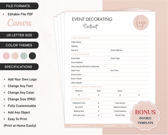 Event Decorating Service Contract, Editable Event Planning Services, Event Decor Rental Agreement, Party Decorator Business Forms, US Letter