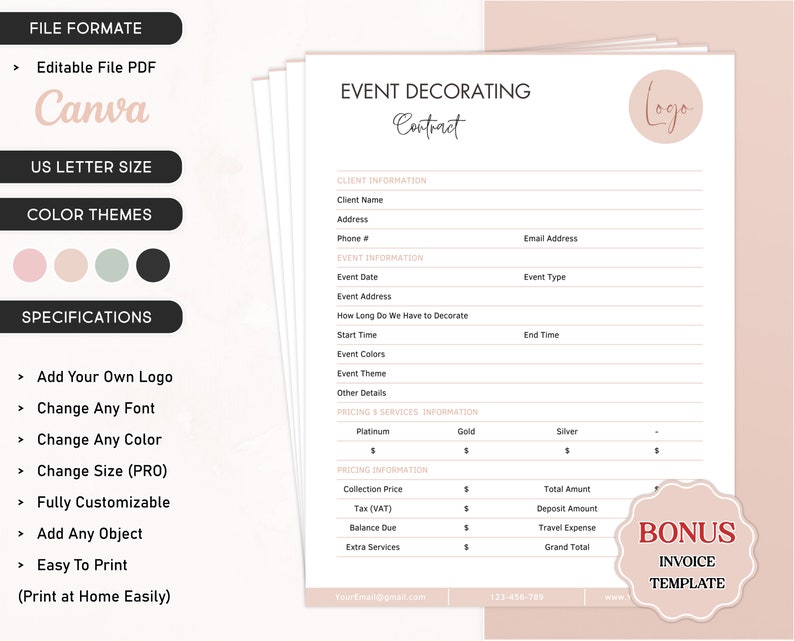 Event Decorating Service Contract, Editable Event Planning Services, Event Decor Rental Agreement, Party Decorator Business Forms, US Letter