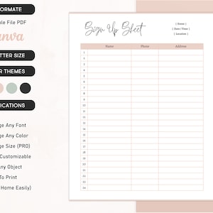 Printable Sign Up Sheet, Editable Single Sign Up Form, Event Sign Up Page layout, Contact Information Business Organization Instant Download