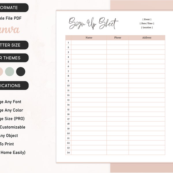Printable Sign Up Sheet, Editable Single Sign Up Form, Event Sign Up Page layout, Contact Information Business Organization Instant Download