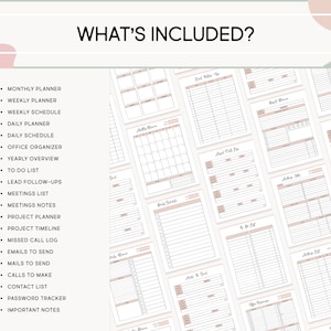 May include: A printable planner set with a pink and white color scheme. The set includes a monthly planner, weekly planner, daily planner, to-do list, meeting notes, project planner, and more. The text "WHAT'S INCLUDED?" is at the top of the image.