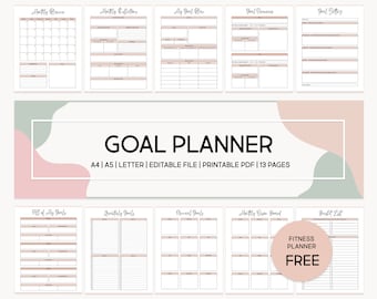 May include: A printable goal planner with 13 pages, including a monthly calendar, goal setting pages, and a bucket list. The planner is designed in a minimalist style with pink and green accents.