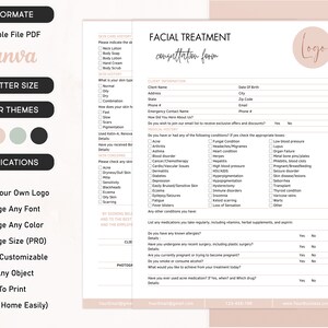 Facial Consultation Form, Editable Spa Form, Skincare Business Template, Client Intake Form, Esthetician CANVA Template, Beauty Salon Forms