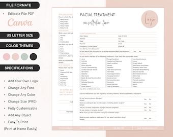 Formulaire de consultation faciale, Formulaire de spa modifiable, Modèle d'entreprise de soins de la peau, Formulaire de demande client, Modèle CANVA pour esthéticienne, Formulaires de salon de beauté