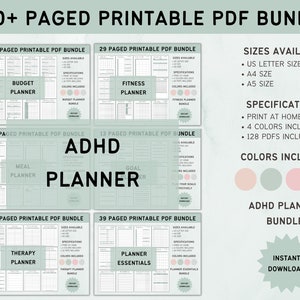 Könnte beinhalten: Ein digitales druckbares Bundle mit 128 Planern in vier Farben, darunter ein Budgetplaner, ein Fitnessplaner, ein Essensplaner, ein ADHS-Planer, ein Therapieplaner und Planungsessentials. Das Bundle umfasst die Formate US Letter, A4 und A5. Sofortiger Download.