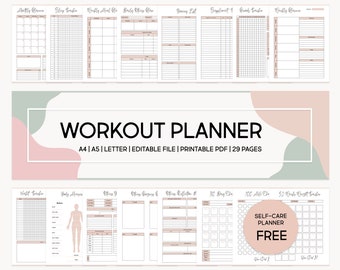 May include: A printable workout planner with 29 pages, including a monthly planner, sleep tracker, meal plan, daily routine, grocery list, supplement tracker, workout tracker, weekly review, waist tracker, body measurements, fitness reflection, 30-day challenge, 100 mile challenge, and 52 weeks workout tracker. The planner is available in A4, A5, and letter sizes.