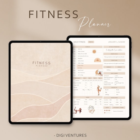 Digital Fitness Planner Wellness Journal for Workout, Weight Loss, SelfCare Minimalist iPad Planner for GoodNotes Notability Boho Theme