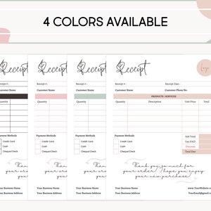 Printable Receipt Template, Canva Printable Billing Template, Editable in Canva, 4 Premade Minimal Colors, Order Form, Business Receipt