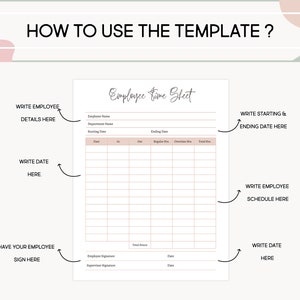 May include: A white Employee Time Sheet template with instructions. The text "HOW TO USE THE TEMPLATE?" is at the top. Arrows point to areas for employee details, dates, schedule, and signatures. The sheet includes sections for in/out times and total hours.