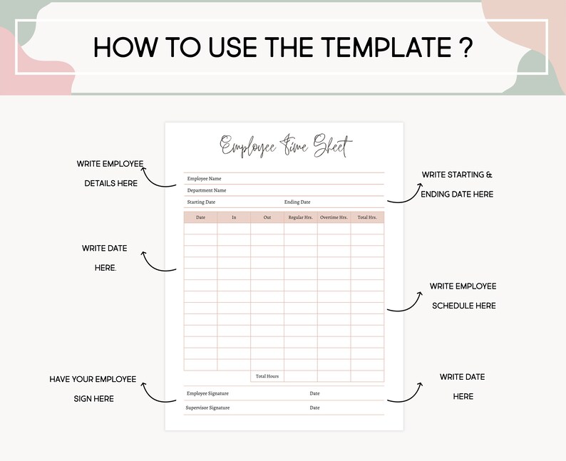 May include: A white Employee Time Sheet template with instructions. The text "HOW TO USE THE TEMPLATE?" is at the top. Arrows point to areas for employee details, dates, schedule, and signatures. The sheet includes sections for in/out times and total hours.